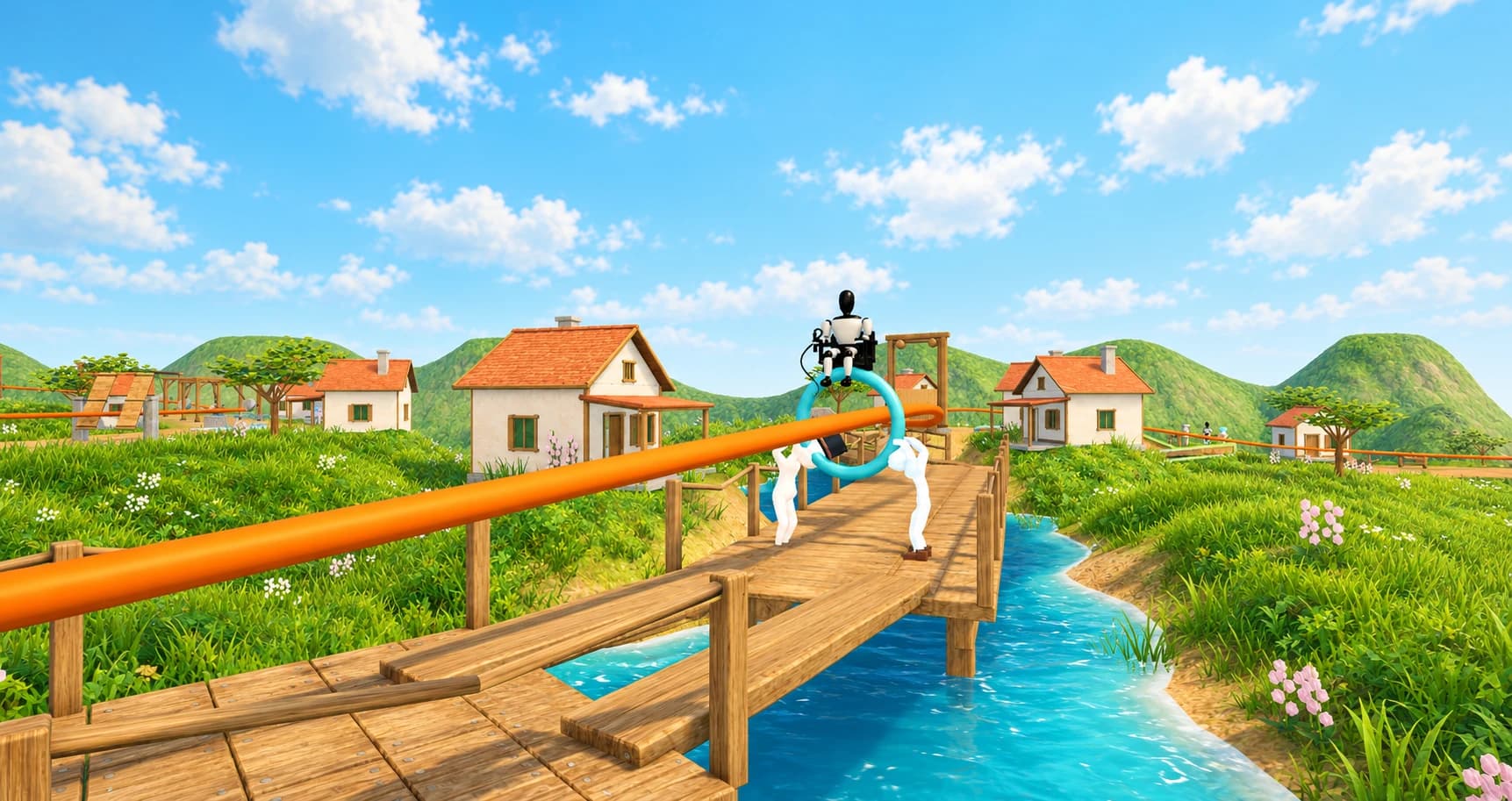 Enhanced gameplay image: Two players carrying the ring across a wooden bridge in Wire We Go